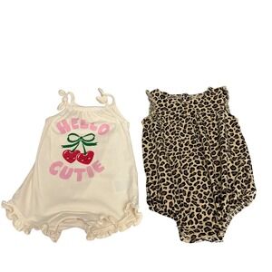 Old Navy Baby Girl Romper Lot 2pc 6-12M Leopard Cherry Graphic Cream Sleeveless